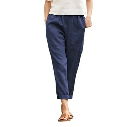 Women's Linen Cotton Loose Fit Straight Leg Cropped Trousers