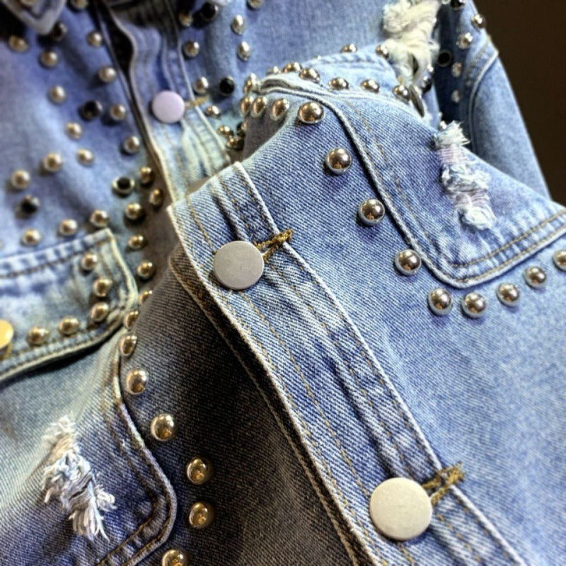 Women's Denim Ripped Stud Detail Shirt Belt Tie Waist Long Sleeve Button Front