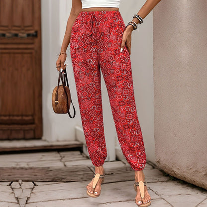 Women's Bohemian Print Tie Waist With Pockets Trousers