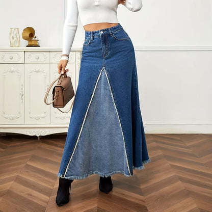 Women's Denim Patchwork Maxi Flare Skirt