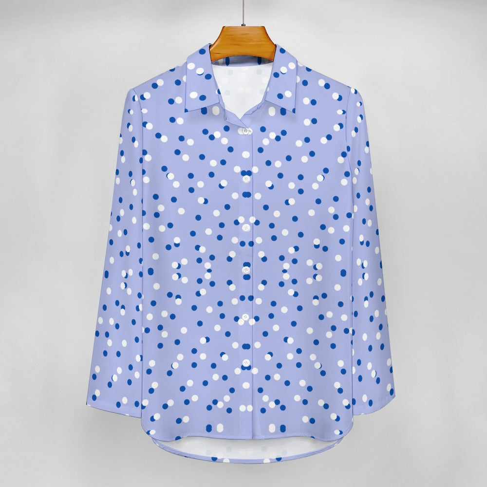 Women's Spot Dot Print Front Button Long Sleeve Collar Shirt Blouse Top Soft Comfortable Casual Fashion Blue