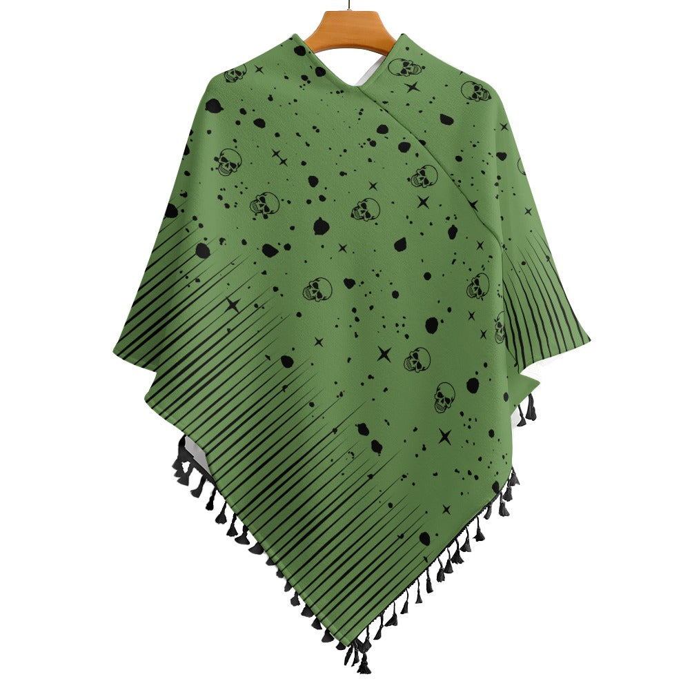 Women's Skull Print Cape With Fringed Edge One Size Pullover Outwear Fashion Halloween Season Must Have!