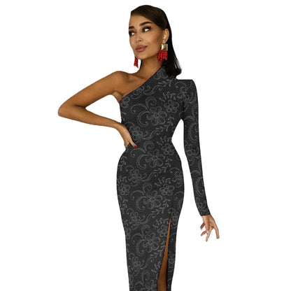 Women's Black Lace Print One Shoulder Half Sleeveless Slit Leg Long Dress