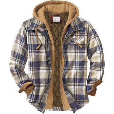 Men's Check Striped Plaid Lined Hooded Jacket Long Sleeve Button Front Shirt