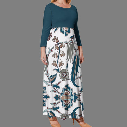 Plus Size Women's Floral Print Loose Crew Neck Long Sleeve Ankle Length Maxi Casual Fabric Fashion Dress with Pockets - White and Teal