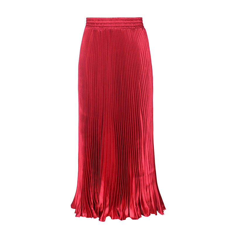 Women's Satin Metallic Pleated Maxi Skirt Long Organ Fan Long Length Elastic Waist