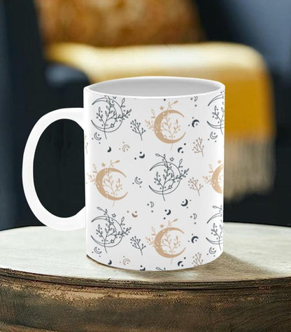 Moon Floral Leaves Print Wrap Drinkware White 11oz Ceramic Cup Mug