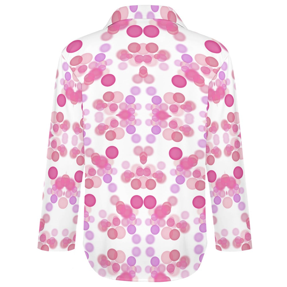 Women's Circle Print Front Button Long Sleeve Collar Shirt Blouse Top Soft Comfortable Casual Fashion White Pink