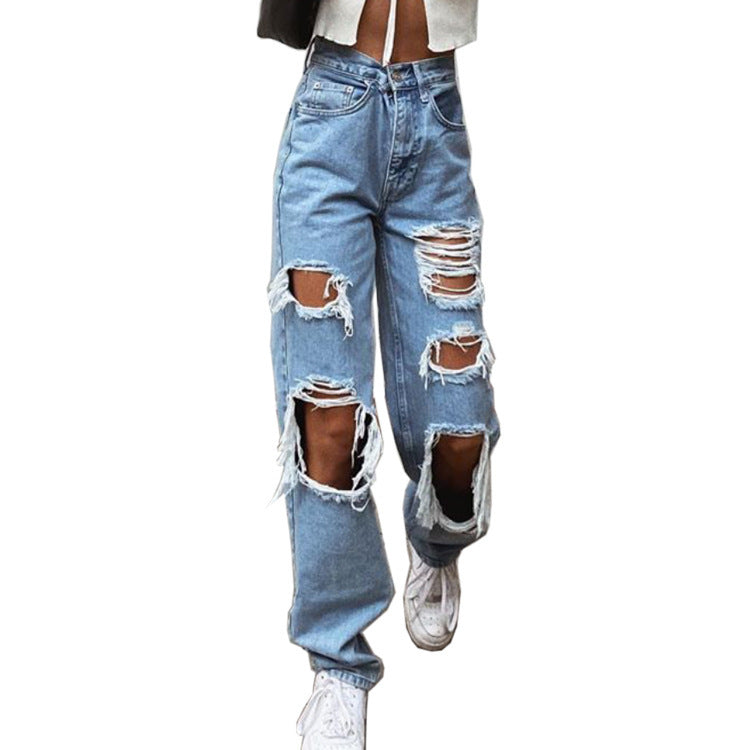 Women's Sexy Ripped Denim Jeans High Waist Holes Destroyed Broken Wide Pants Vintage Denim Trousers Distressed