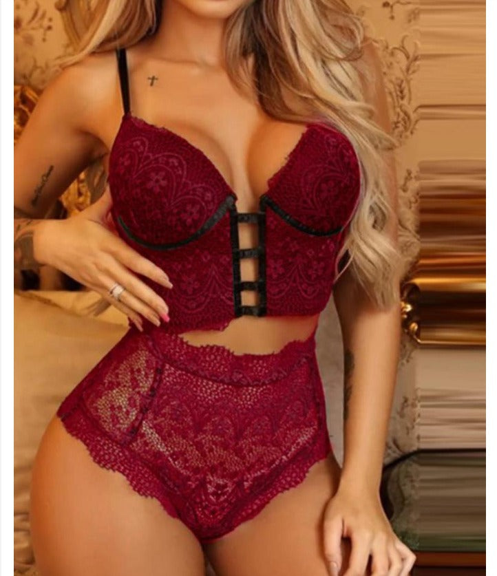Women's Lace Padded Bralette and High Waist Knickers Two Piece Lingerie Set