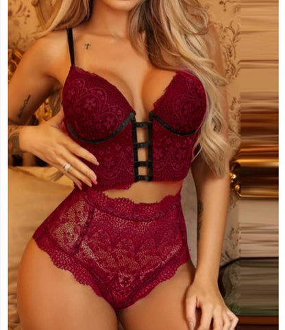 Women's Lace Padded Bralette and High Waist Knickers Two Piece Lingerie Set