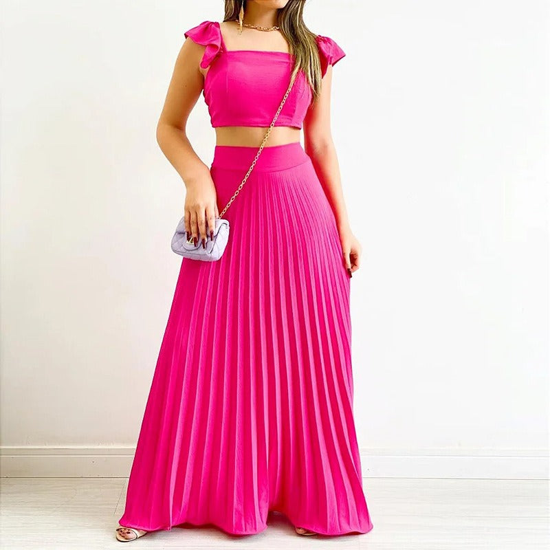 Women's Solid Colour Two Piece Set Co-ords Short Tank Top High Waist Pleated Maxi Length Skirt