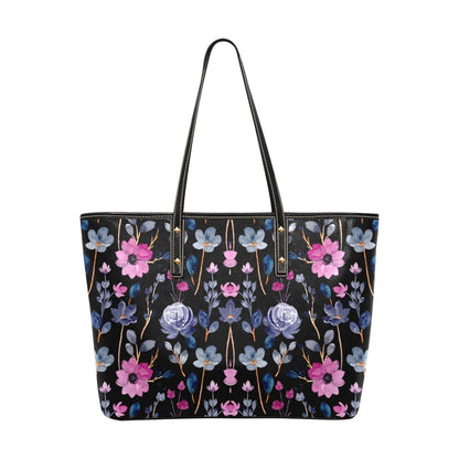 Women's Black Pink Floral Print PU Leather Large Tote Bag