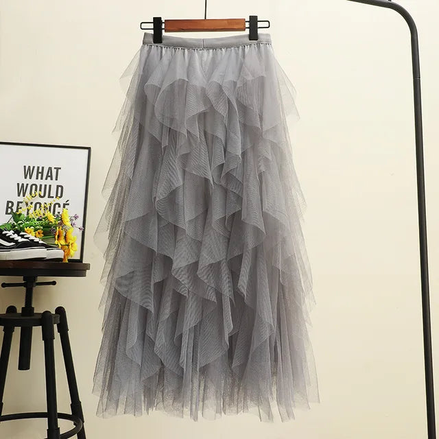 Women's Mesh Layered Elastic Waist Midi Skirt