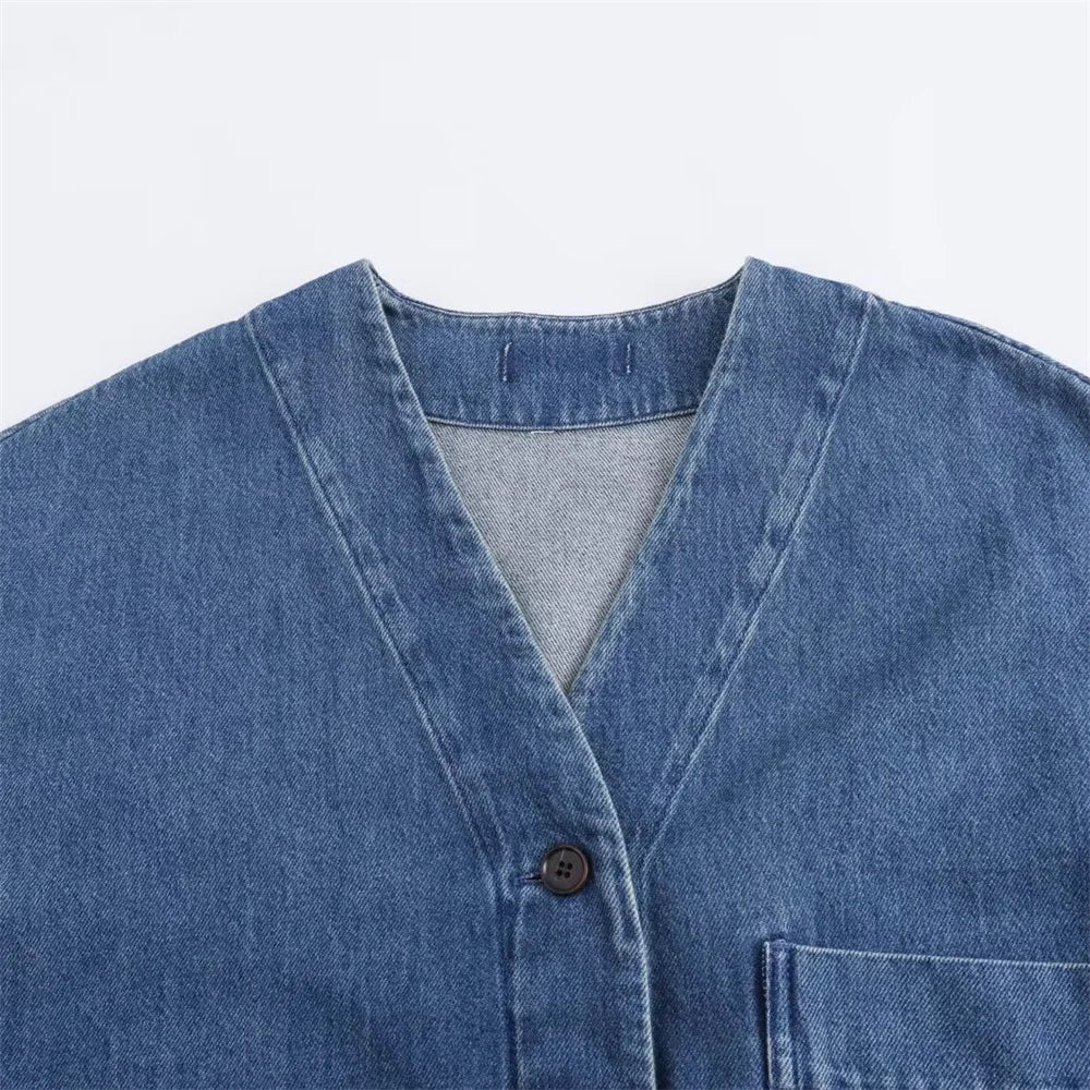 Women's Denim Jacket Dropped Sleeve V-Neck Loose Fit Button Front Top Coat