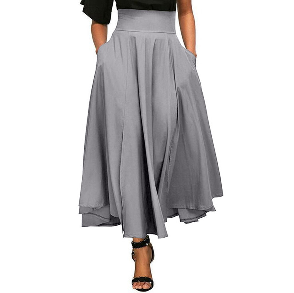 Women's Solid Colour Flared Maxi Skirt Belted Back Tie With Pockets