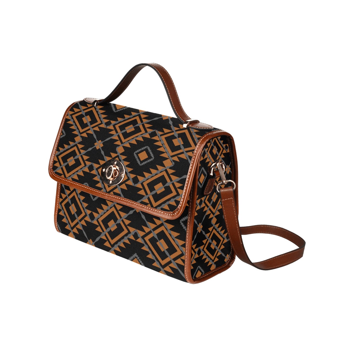 Women's Brown Geometric Print Canvas Handbag With Shoulder Strap