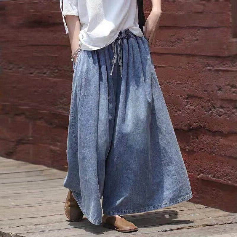 Women's Plus Size Denim Jeans Wide Leg Loose Fit Oversized Elastic Waist Trousers