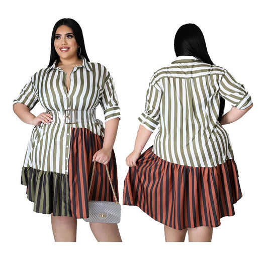 Women's Plus Size Striped Patchwork Knee Length Dress Fitted Belt Waist Button Front