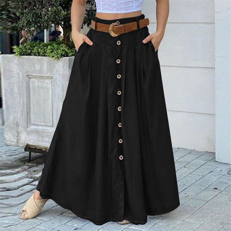 Women's High Waist Button Front with Pockets Maxi Skirt