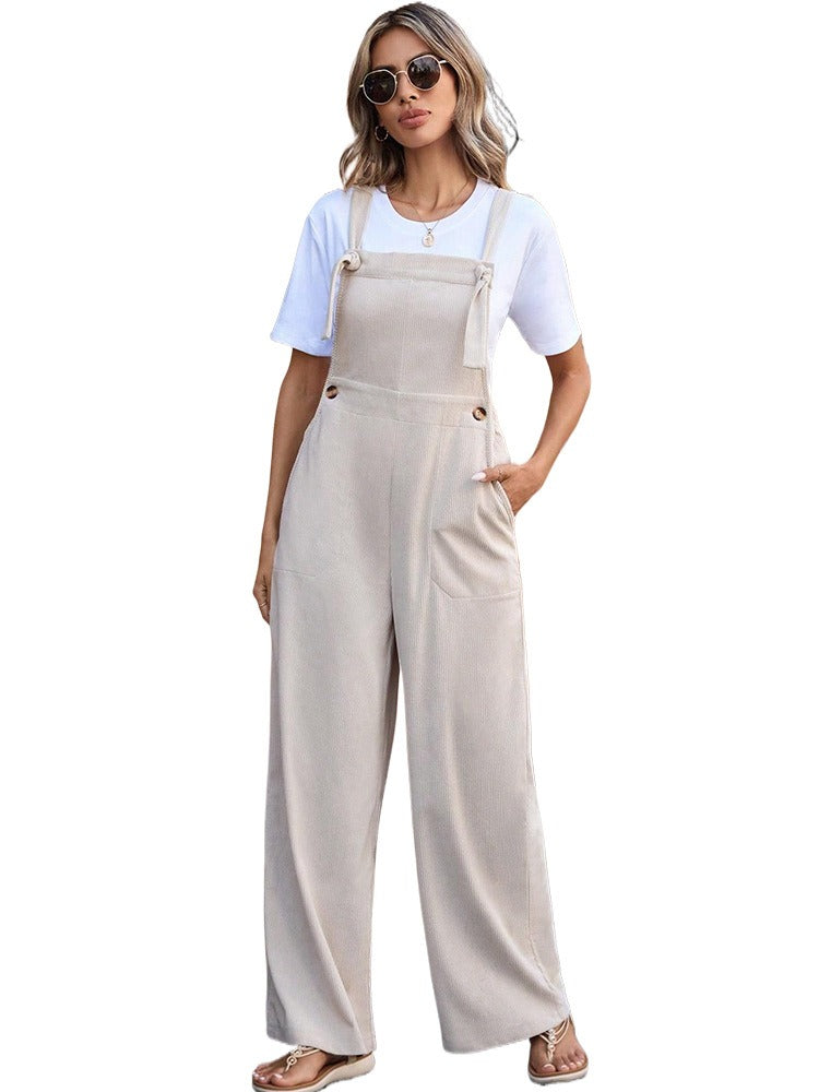 Women's Soft Ribbed Corduroy Tie Strap With Pockets Dungarees