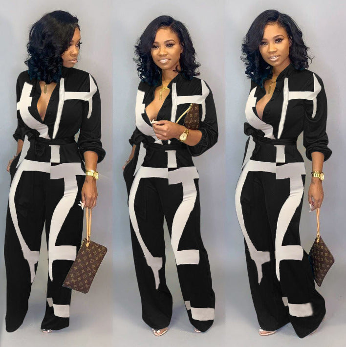 Women's Pattern Print Jumpsuit Long Sleeve Button Front Tie Belt Waist Wide Leg Outfit