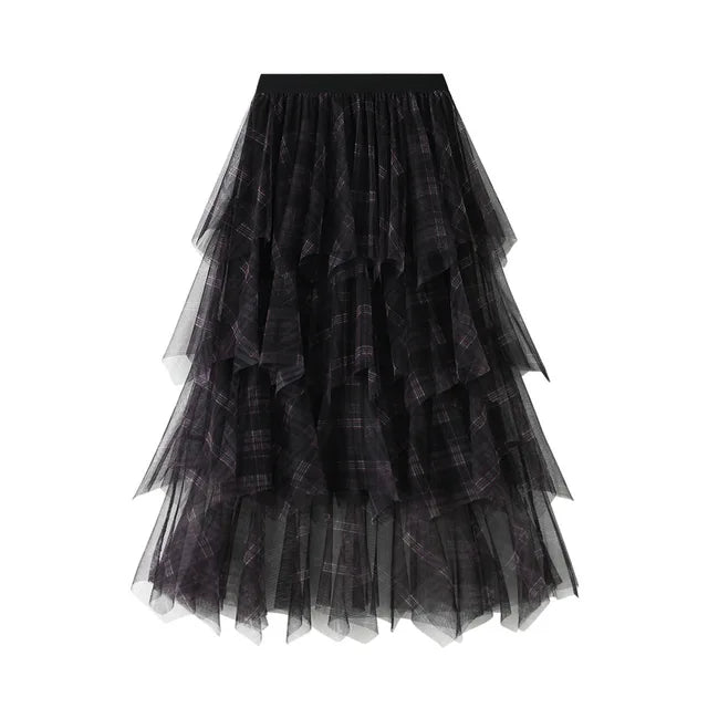 Women's Tartan Mesh Layered A-line Midi Flare Skirt