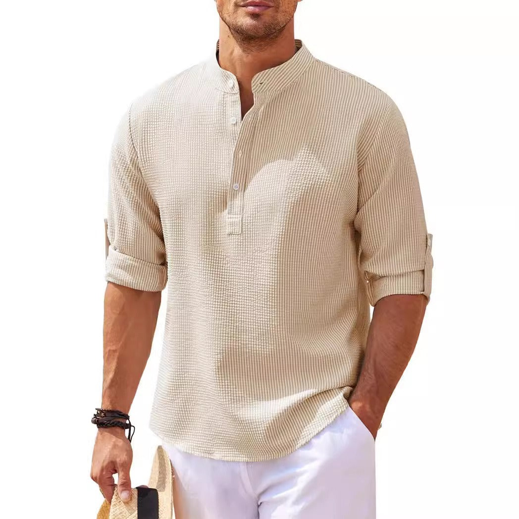 Men's Solid Colour Textured Cotton Shirt Long Sleeve Stand Up Half Open Collar T-shirt Sweater Top