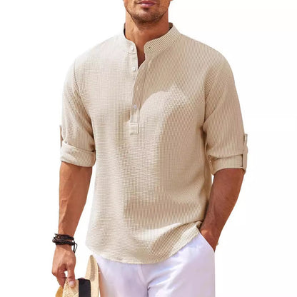 Men's Solid Colour Textured Cotton Shirt Long Sleeve Stand Up Half Open Collar T-shirt Sweater Top