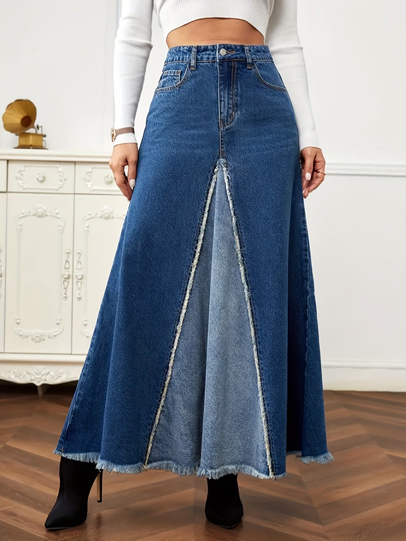 Women's Denim Patchwork Maxi Flare Skirt