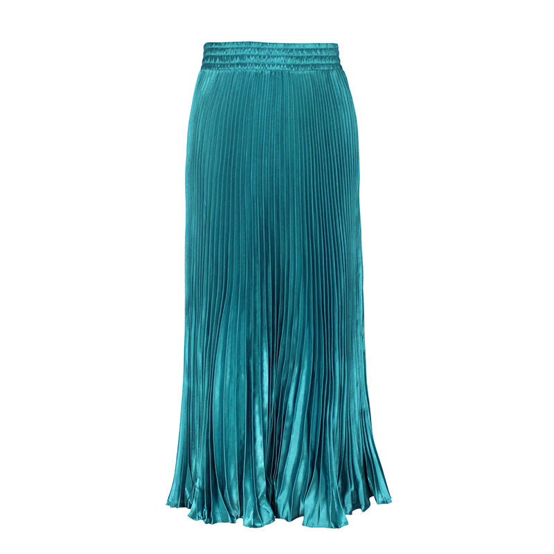 Women's Satin Metallic Pleated Maxi Skirt Long Organ Fan Long Length Elastic Waist