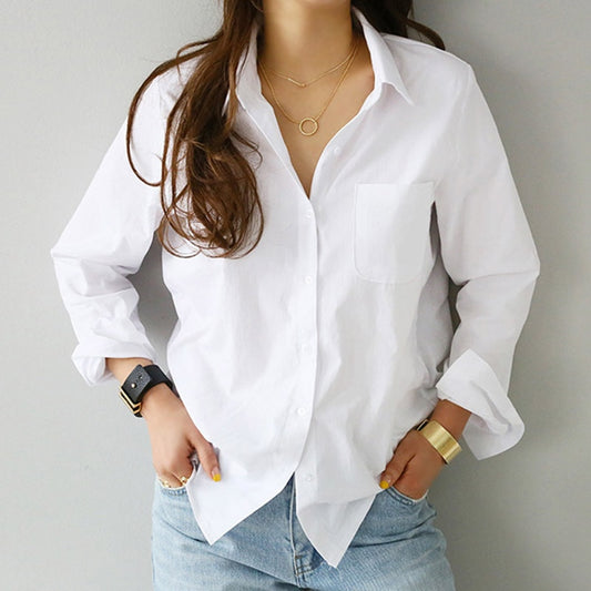 Women's Solid Colour Basic Blouse Long Sleeve Button Front Open Collar Loose Shirt