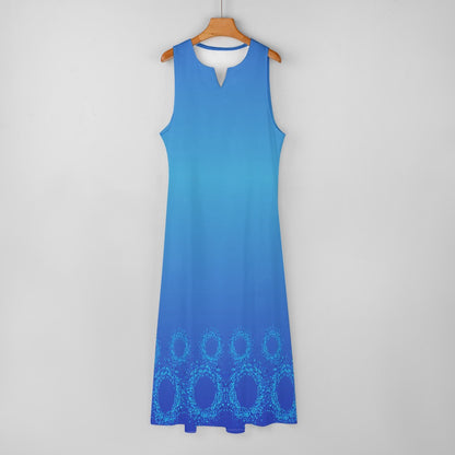 Women's Marine Blue Circle Print Sleeveless Pockets Long Length Maxi Dress Comfortable Casual Elegant Fashion