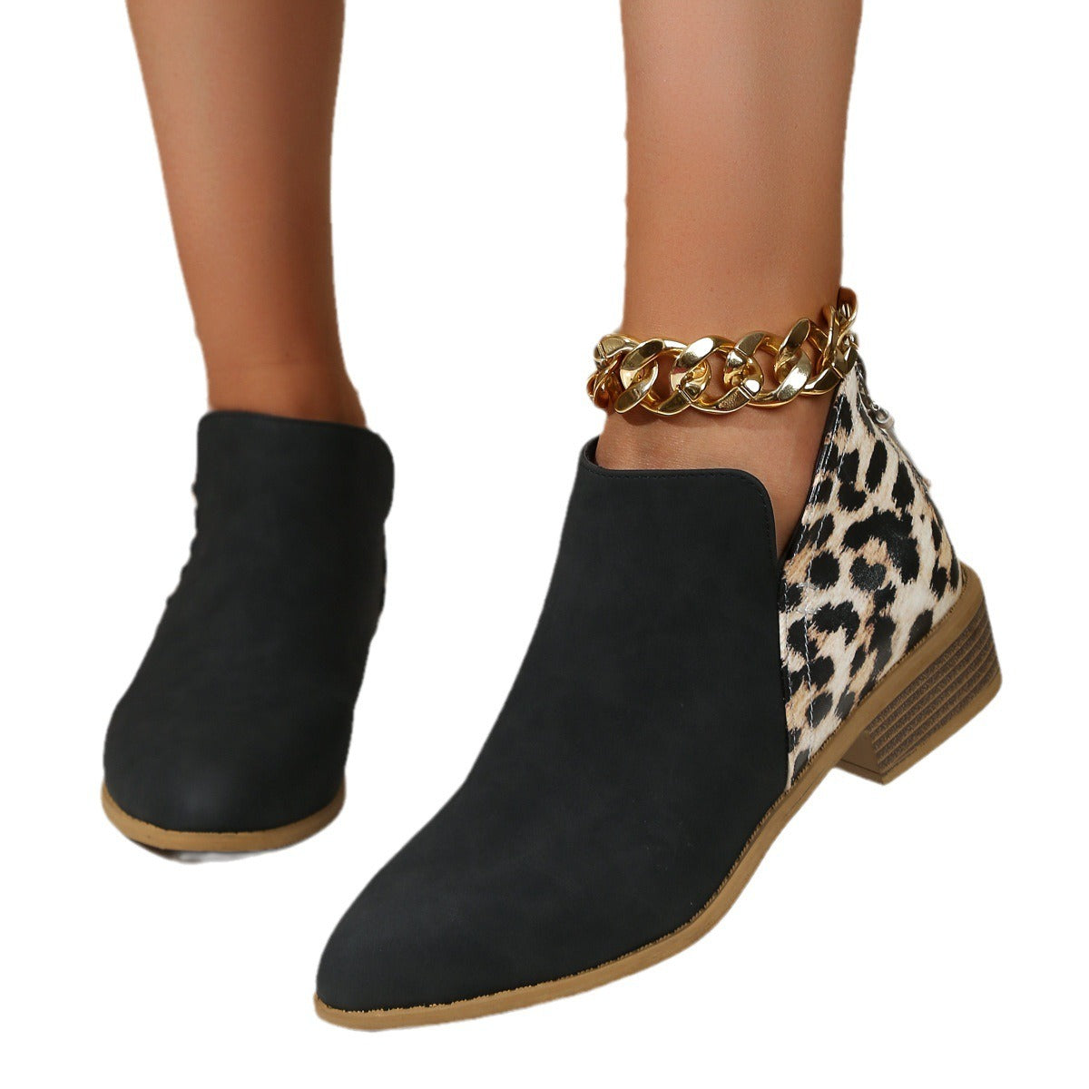 Women's Suede Leopard Print Ankle Boots Pointed Low Thick Heels Back Zipper Shoes