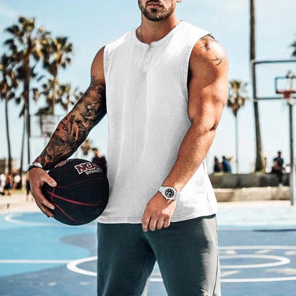 Men's Sports Basketball Tank Vest Top Round Neck Button Up Sleeveless T-shirt