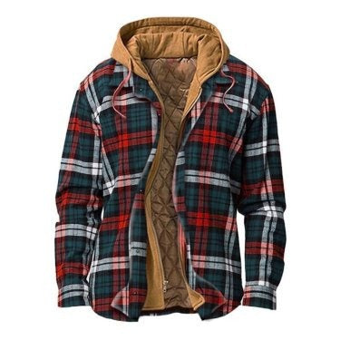 Men's Check Striped Plaid Lined Hooded Jacket Long Sleeve Button Front Shirt