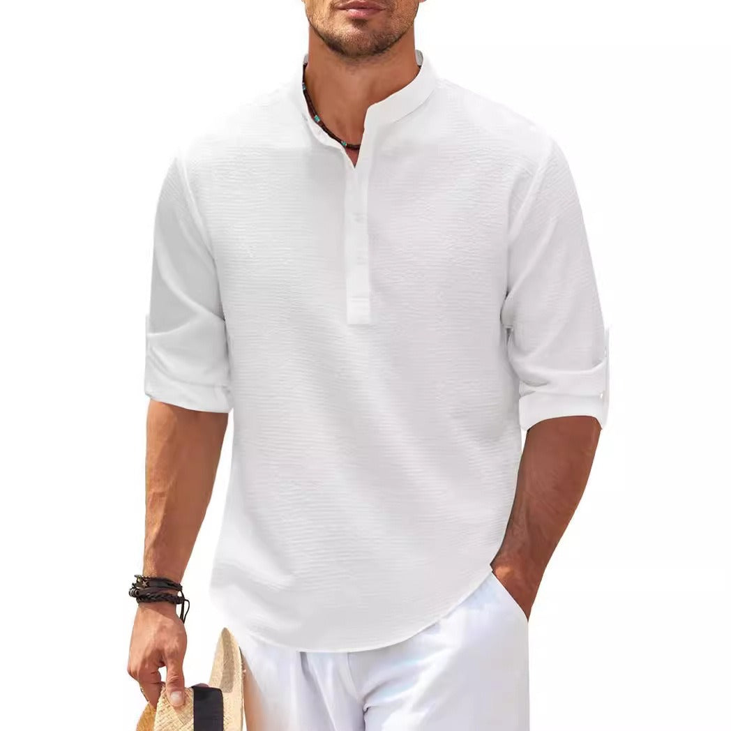 Men's Solid Colour Textured Cotton Shirt Long Sleeve Stand Up Half Open Collar T-shirt Sweater Top