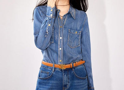 Women's Classic Simple Denim Shirt Loose Button Front Pockets High End Blouse