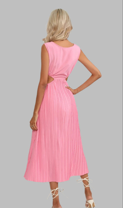 Women's Sleeveless Cutout Waist Pleated Midi Dress