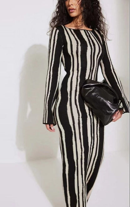 Women's Contrast Wave Stripe Print Wool Dress