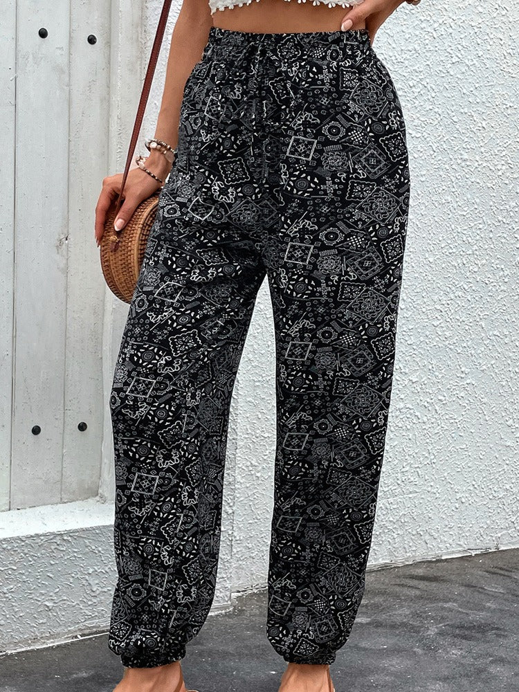 Women's Bohemian Print Tie Waist With Pockets Trousers