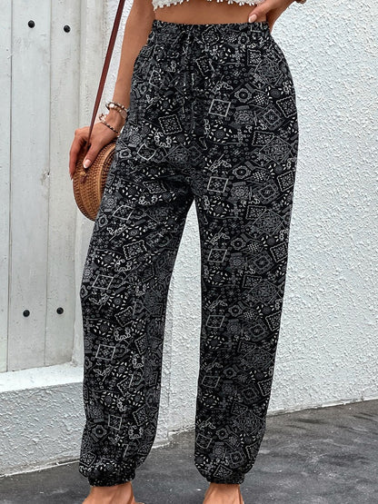 Women's Bohemian Print Tie Waist With Pockets Trousers