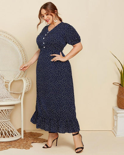 Women's Plus Size Polka Dot Fitted Maxi Dress Short Sleeve V-Neck Button Detail