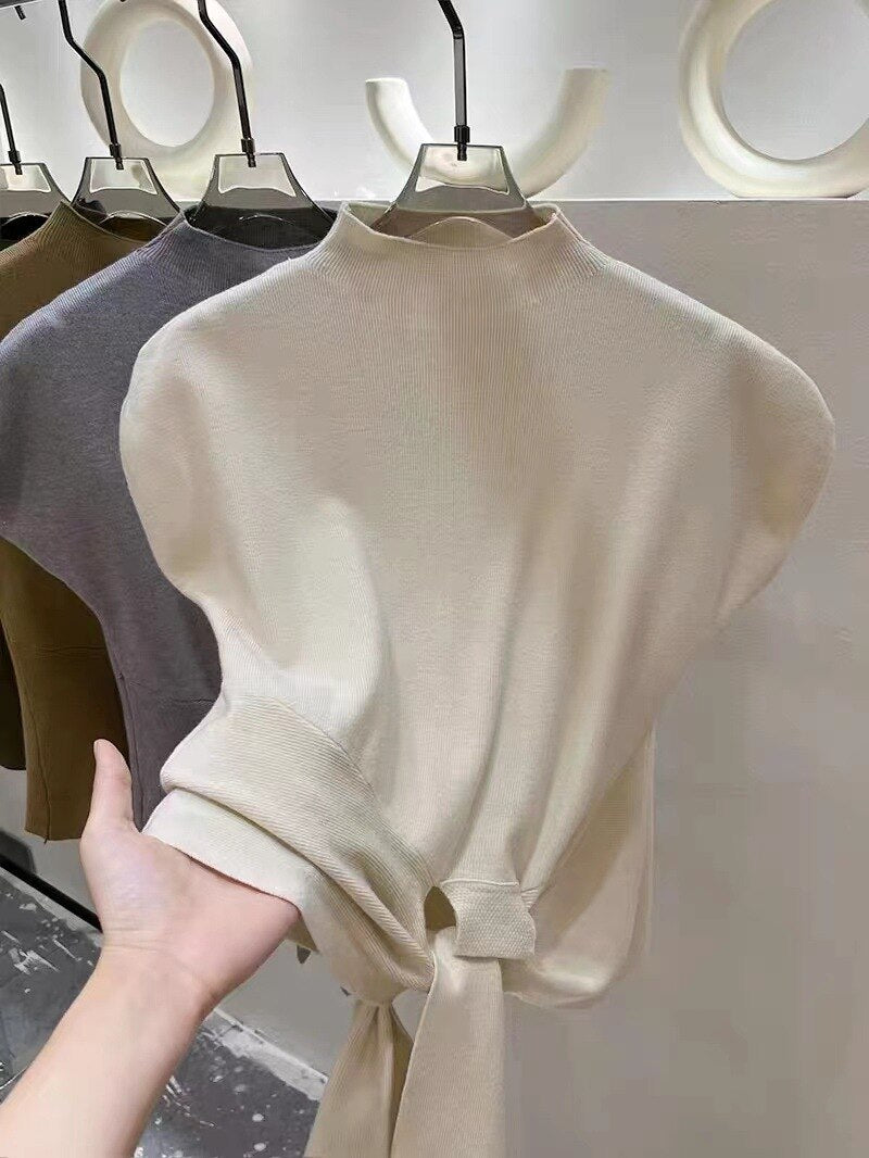 Women's Soft Knitted Tie Front Sleeveless T-Shirt Stand Collar Top