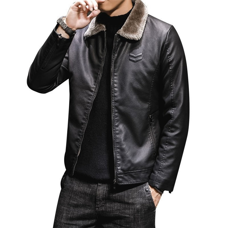 Men's Faux Leather Fur Lined Jacket Long Sleeve Lapel Collar Zip Front