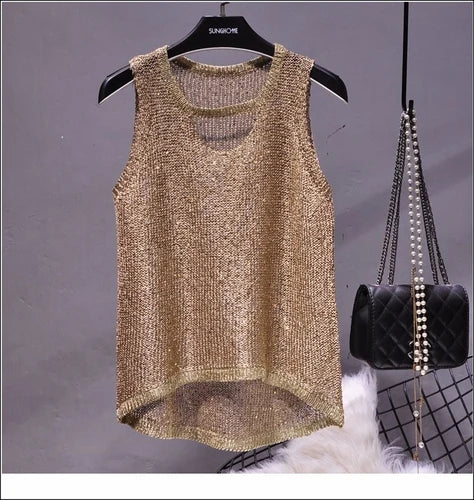 Women's Glitter Knitted Vest Top V-Neck Sleeveless Scalloped Front Hem