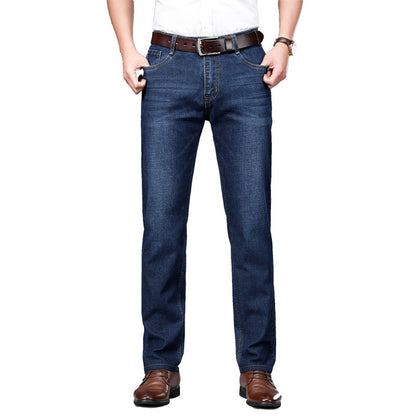 Men's Straight Denim Jeans Thin Stretch Mid-Rise Trousers Basic Stretch Smart Casual Pants