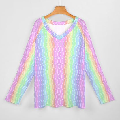 Women's Pastel Rainbow Print V-Neck Long Sleeve Loose T-shirt