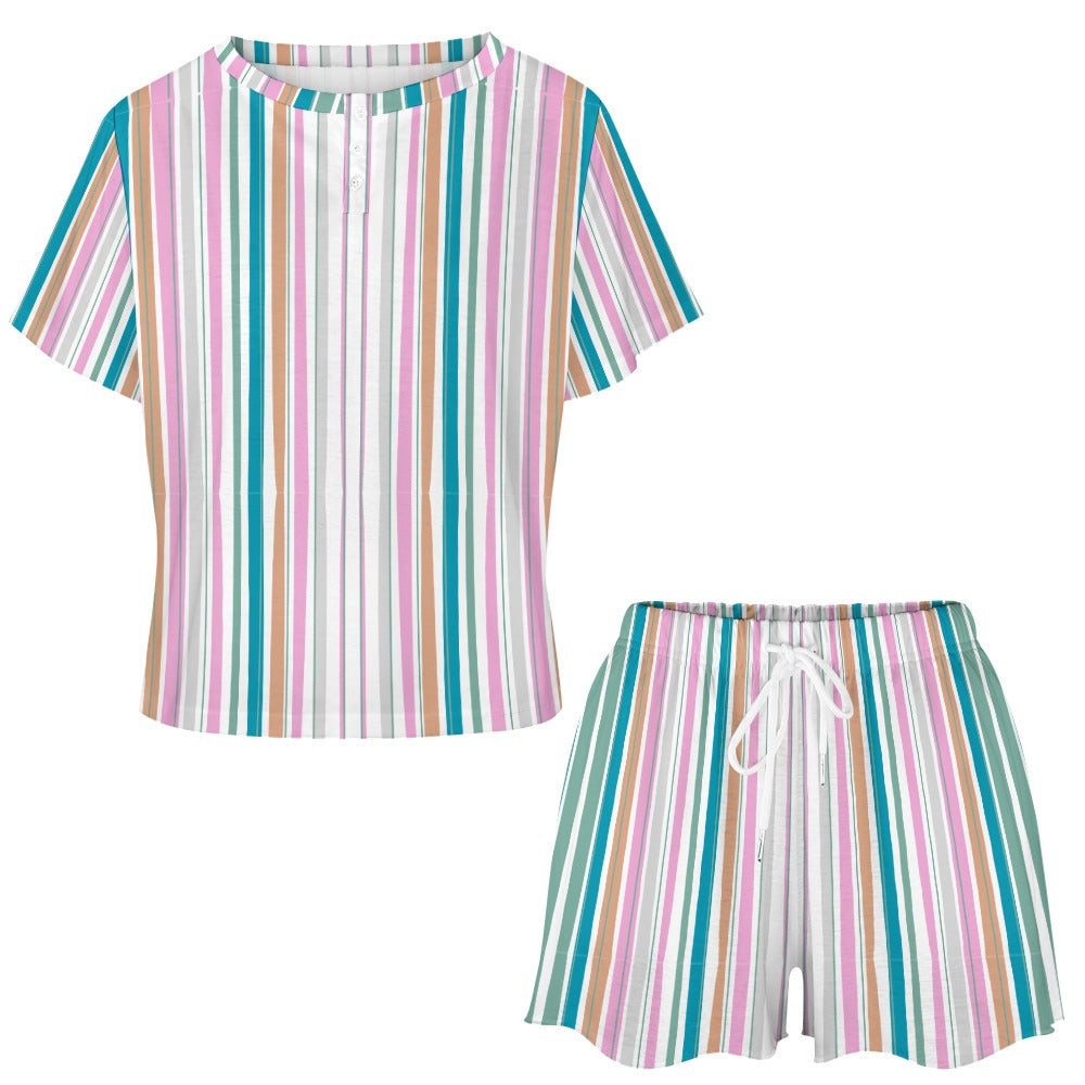 Plus Size Women's Striped Print 2pc Pyjamas Set Short Sleeve Top T-shirt and Drawstring Elastic Waist Shorts Bottoms Casual Loungewear Sleepwear