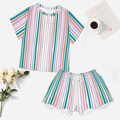 Plus Size Women's Striped Print 2pc Pyjamas Set Short Sleeve Top T-shirt and Drawstring Elastic Waist Shorts Bottoms Casual Loungewear Sleepwear